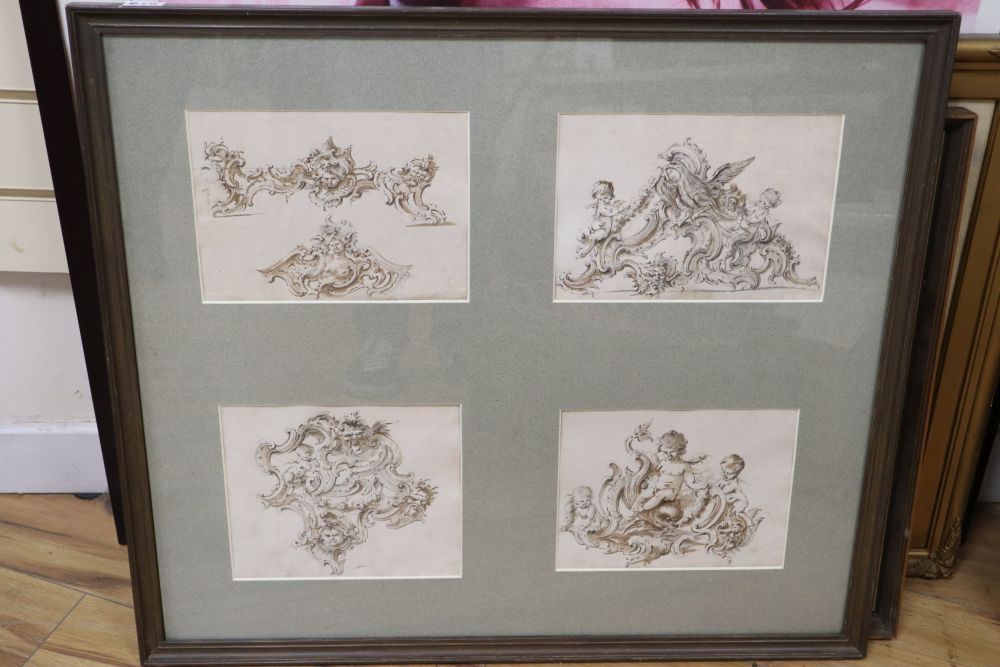 Giovanni Bettati (1700-1777), ink and wash, four leaves from a sketch book, Artemis label verso, approximately 18 x 22cm, framed as one